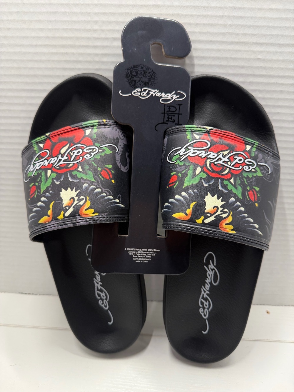 Ed Hardy Traditional Eagle Red Rose Tattoo Green Leaf Slides Sandal Mens Size 11